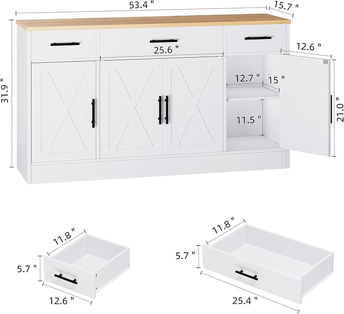 Shintenchi Buffet Cabinet with Storage,53.4" Large Kitchen Storage Cabinet with 3 Drawers and 4 Doors,Wood Farmhouse Buffet Sideboard with Adjustable Shelf for Kitchen Living Room, White