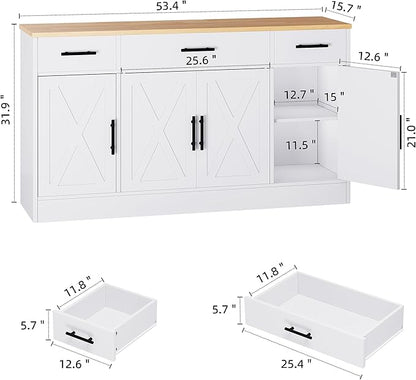 Shintenchi Buffet Cabinet with Storage,53.4" Large Kitchen Storage Cabinet with 3 Drawers and 4 Doors,Wood Farmhouse Buffet Sideboard with Adjustable Shelf for Kitchen Living Room, White