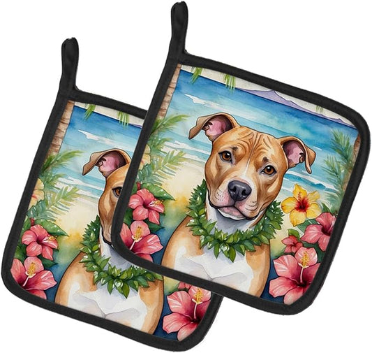 Caroline's Treasures Pit Bull Terrier Luau Pair of Pot Holders Kitchen Heat Resistant Pot Holders Sets Oven Hot Pads for Cooking Baking BBQ, 7 1/2 x 7 1/2