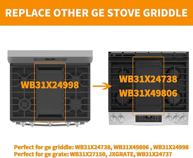 Upgraded WB31X24738 WB31X49806 Griddle Replacement Parts for GE Gas Stove Cast Iron Griddle Plate WB31X24998 General Electric Range StoveTop Cooktop Center Griddle Stove Burner Middle Flat Top Pan