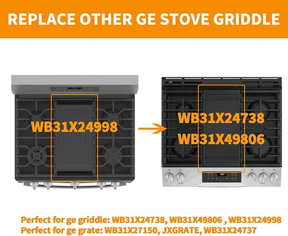 Upgraded WB31X24738 WB31X49806 Griddle Replacement Parts for GE Gas Stove Cast Iron Griddle Plate WB31X24998 General Electric Range StoveTop Cooktop Center Griddle Stove Burner Middle Flat Top Pan
