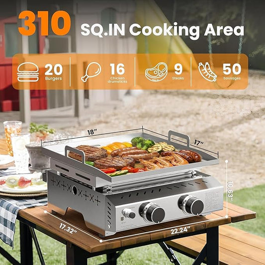 COWSAR 2-Burner Portable Tabletop Grill, 16000 BTU Stainless Steel Non-Stick Outdoor Portable Propane Griddle for Camping RV Backyard BBQ