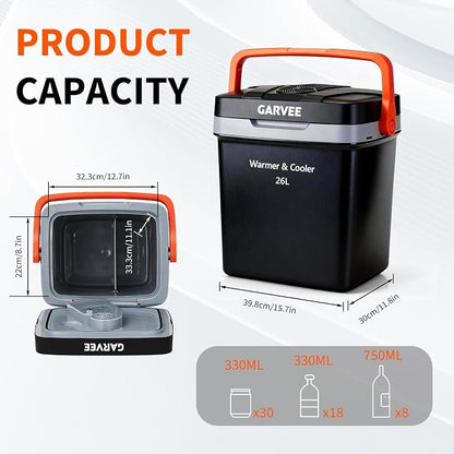 Garvee 26 L Electric Cooler & Warmer, Portable Car Refrigerator with Auto-Lock Handle, 12V DC for Cars & Trucks, Equipped with 110V AC Household Power Cord, Plug-in Cooling Fridge, Black&Orange