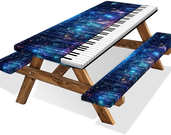 Piano Keyboard Picnic Table Cover with Bench Covers, Camping Essentials, Music Themed Waterproof Windproof, Fitted Tablecloth Cover with Elastic Edge, for Outdoor, Garden, 3 PCS, 30x96 Inch