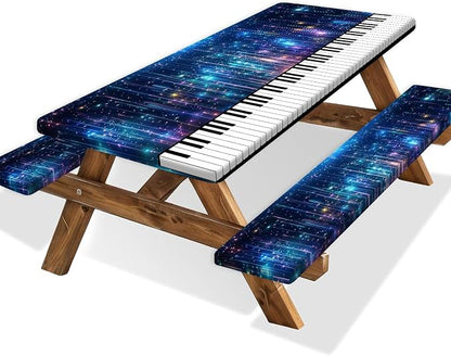 Piano Keyboard Picnic Table Cover with Bench Covers, Camping Essentials, Music Themed Waterproof Windproof, Fitted Tablecloth Cover with Elastic Edge, for Outdoor, Garden, 3 PCS, 30x96 Inch