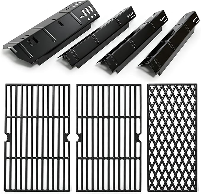 Grill Replacement Parts for Dyna-Glo 4 Burner DGH450CRP DGH451CRP, Set of 4 Porcelain Steel Grill Heat Plates Shield + 3-Pack Cast Iron Cooking Grill Grates Kit for Dyna Glo 3/4 Burner Grill