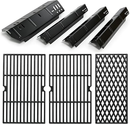 Grill Replacement Parts for Dyna-Glo 4 Burner DGH450CRP DGH451CRP, Set of 4 Porcelain Steel Grill Heat Plates Shield + 3-Pack Cast Iron Cooking Grill Grates Kit for Dyna Glo 3/4 Burner Grill