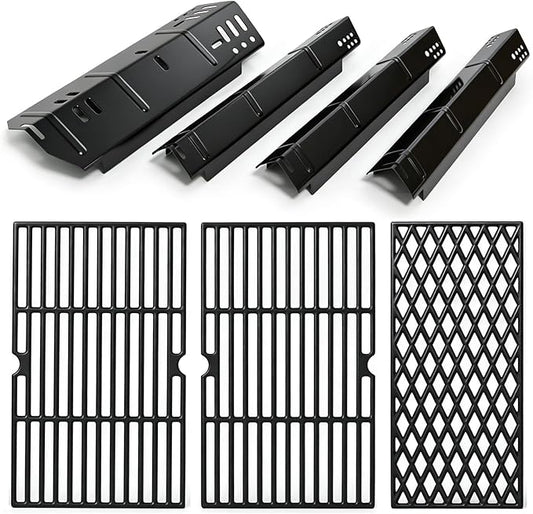 Grill Replacement Parts for Dyna-Glo 4 Burner DGH450CRP DGH451CRP, Set of 4 Porcelain Steel Grill Heat Plates Shield + 3-Pack Cast Iron Cooking Grill Grates Kit for Dyna Glo 3/4 Burner Grill