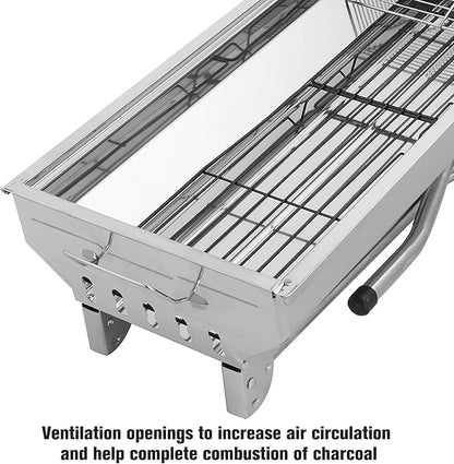 Folding Barbecue Charcoal Grill Portable Stainless Steel Lightweight Large BBQ Grill Tool Kits for Outdoor Cooking Camping Hiking Picnics Backpacking Beach Tailgating, Asadores de Carbon (Silver)