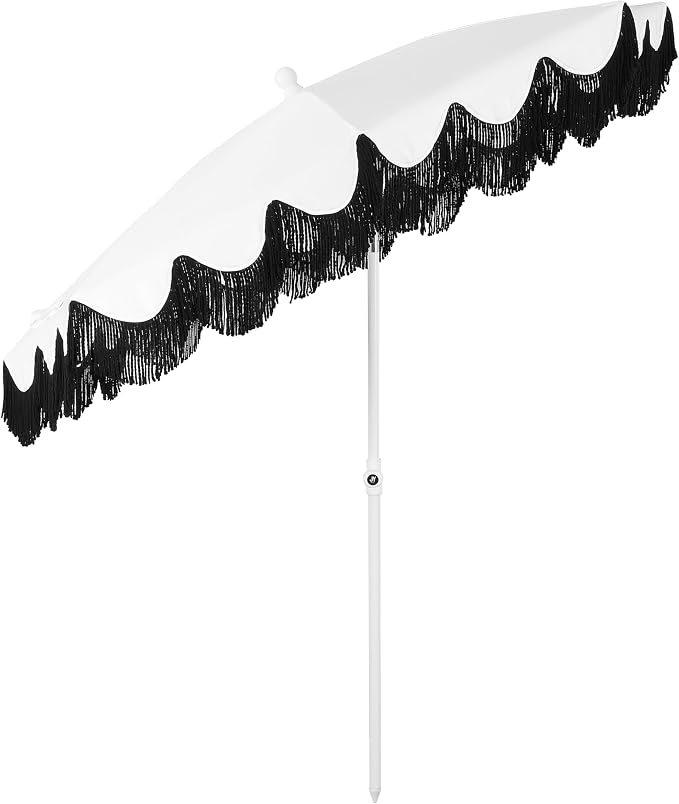 JONATHAN Y Mariner 6.5 ft. Solid Fringe Beach Umbrella, White/Black | Push-Button Tilt, UV 50 Protection, Matching Carry Bag, Iron Pole, Wind Vent, Scalloped Round Canopy
