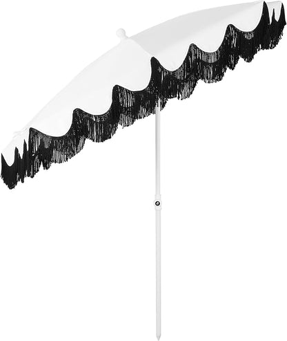 JONATHAN Y Mariner 6.5 ft. Solid Fringe Beach Umbrella, White/Black | Push-Button Tilt, UV 50 Protection, Matching Carry Bag, Iron Pole, Wind Vent, Scalloped Round Canopy