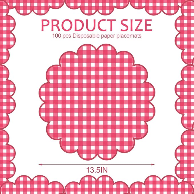 100Pcs Checkered Paper Placemats Red Gingham Place Mats 13.5 Inch Disposable Round Decorative Dining Table Mats with Scalloped Edges Paper Cutouts Decor for Summer Picnic BBQ Table Party Supplies