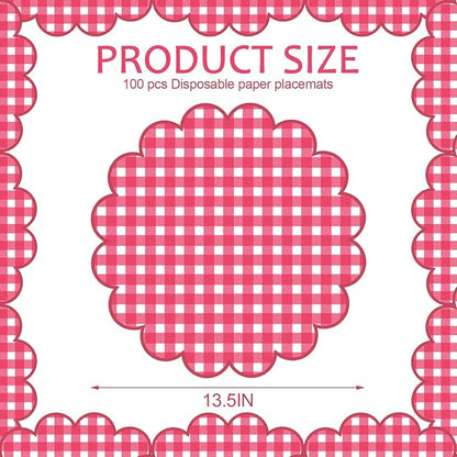 100Pcs Checkered Paper Placemats Red Gingham Place Mats 13.5 Inch Disposable Round Decorative Dining Table Mats with Scalloped Edges Paper Cutouts Decor for Summer Picnic BBQ Table Party Supplies