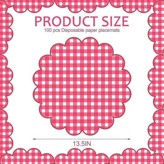 100Pcs Checkered Paper Placemats Red Gingham Place Mats 13.5 Inch Disposable Round Decorative Dining Table Mats with Scalloped Edges Paper Cutouts Decor for Summer Picnic BBQ Table Party Supplies