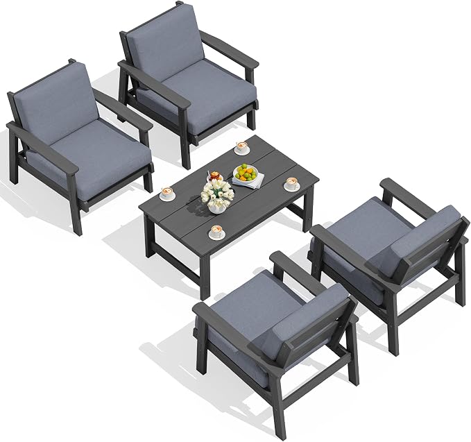 SERWALL Outdoor Patio Furniture Set, 5 Piece HDPE Patio Conversation Sets, All-Weather Wood-Like Outdoor Couch Loveseat and Coffee Table with Thick Cushions for Porch Balcony Garden Backyard