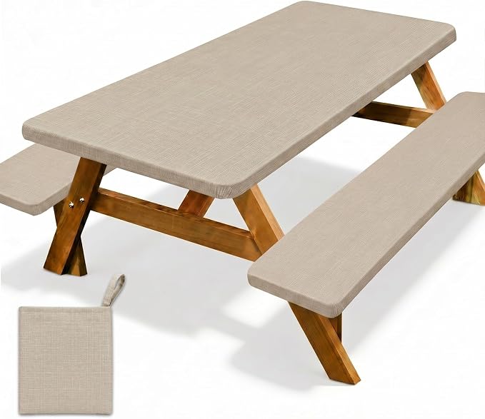 Picnic Table Cover with Bench Covers Windproof Waterproof Picnic Table Covers Camping Tablecloth with Self-Storage Bag, 72in, Light Brown