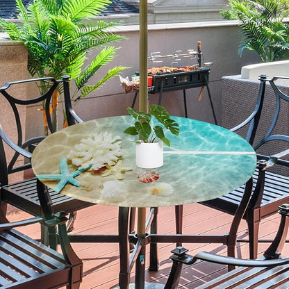 Fitted Round Tablecloth with Umbrella Hole and Zipper Starfish Coral Seashell Outdoor Elastic Table Cloth 36"-44" Oil-Proof Waterproof Summer Beach Patio Table Cover for Picnic Party