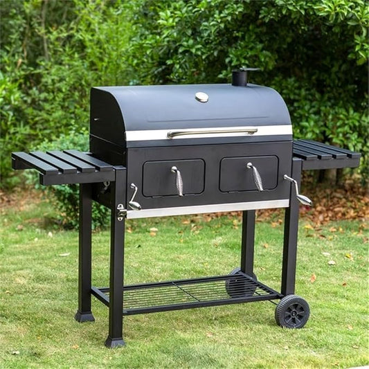 Maklaine Traditional Steel Extra Large Dual Zone Charcoal Grill, 790 Sq In Cooking Space, Porcelain-Coated Cast Iron Grates, Fold-Down Side Tables, Warming Racks, Precision Air Flow Dampers, Outdoor