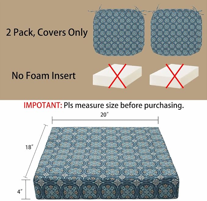 Magpie Fabrics Indoor Outdoor Cushion Cover Replacement 2 Pack, NO Insert! Water Repellent Slipcover with Ties Decor for Patio Garden Chair Seat Sofa Bench Wicker(Morgan Medal Blue, 20x18x4 Inch)