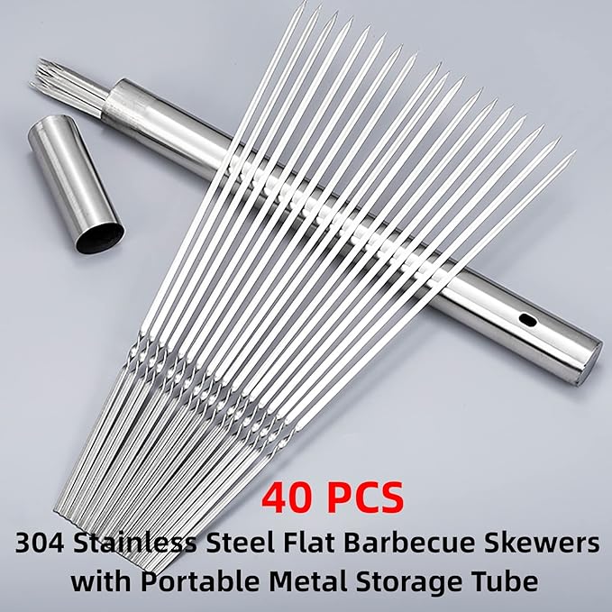 WILLBBQ 304 Stainless Steel 13.2" (33.5cm) Flat Barbecue Skewers,20PCS/40PCS BBQ Kebab Skewers with Portable Metal Storage Tube,Reusable for Grilling Barbecue Kitchen Party and Outdoor Cooking (40PCS)