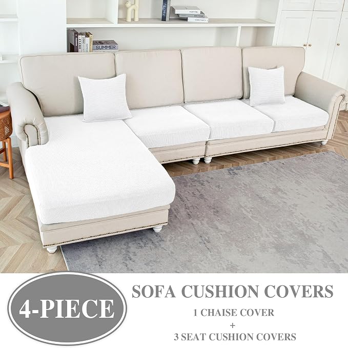 LA MEACK Couch Cushion Covers for Sectional Sofa L Shape Washable Separate Seat Chaise Couch Cover Stretch Sofa Slipcovers with 2 Pcs Pillowcases(3 Seater + 1 Chaise, White)
