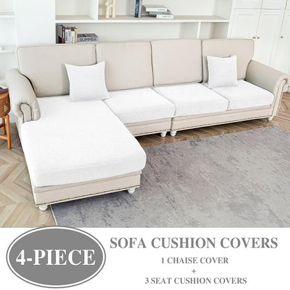 LA MEACK Couch Cushion Covers for Sectional Sofa L Shape Washable Separate Seat Chaise Couch Cover Stretch Sofa Slipcovers with 2 Pcs Pillowcases(3 Seater + 1 Chaise, White)