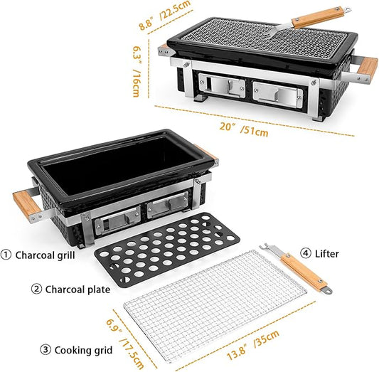 ONLYFIRE GRILLS Charcoal BBQ Hibachi Grill with Grid Lifter, Portable Yakitori Grill with Stainless Steel Grate, Barbecue Stove for Outdoor Camping Picnic Patio Backyard Cooking, GS306