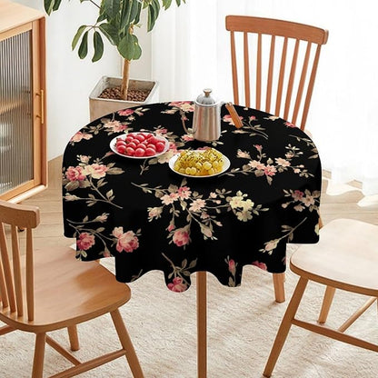 Vintage Flower Round Tablecloth, Black Pink Garden Florals Rustic Roses Boho Botanical Plant Water Resistant Wipeable Table Cover for Picnic Party Holiday Kitchen Dinner Table 70"
