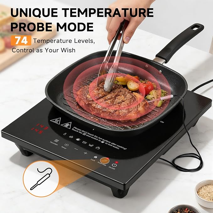 AMZCHEF Portable-Induction-Cooktop: 74 Temperature Levels Induction Burner with Digital Probe, 1800W Countertop Burner with 20 Power Levels, 6.5" Heating Coil, Low Noise Electric Cooktops with Timer