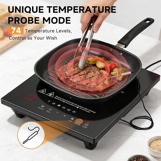 AMZCHEF Portable-Induction-Cooktop: 74 Temperature Levels Induction Burner with Digital Probe, 1800W Countertop Burner with 20 Power Levels, 6.5" Heating Coil, Low Noise Electric Cooktops with Timer