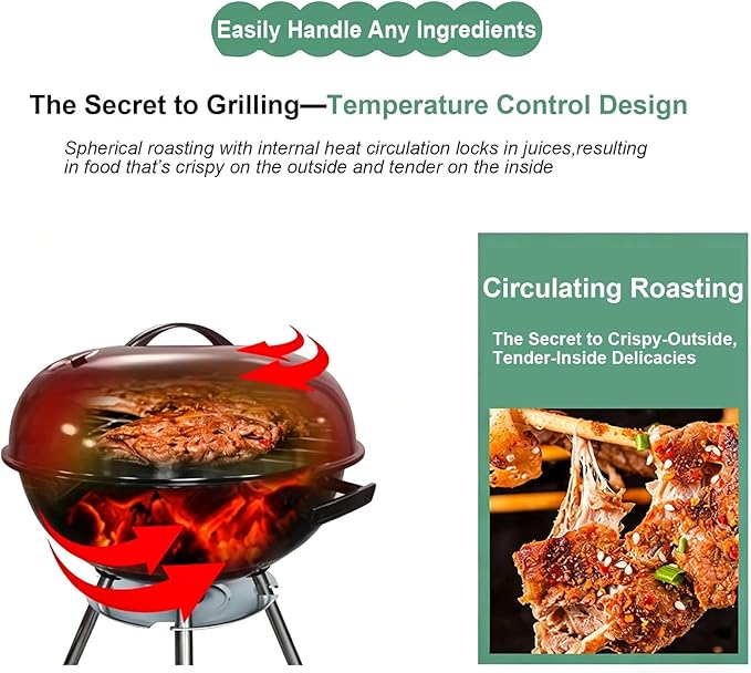 20 inch Kettle Charcoal BBQ Grill with Wheels,Portable Charcoal Grill with Porcelain-Enameled Lid,Barbecue Grill for Outdoor Cooking Barbecue Camping Picnics Tailgating