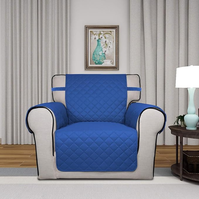 PureFit Reversible Quilted Sofa Cover, Water Resistant Slipcover Furniture Protector, Washable Couch Cover with Non Slip Foam and Elastic Straps for Kids, Pets (Chair, Classic Blue/Ivory), Small | Classic Blue/Ivory, Water Resistant Couch Protector, Wa...