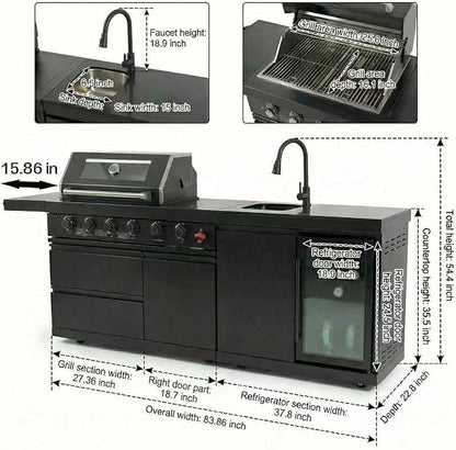 Deluxe 84 inch × 23 inch 6 Burner 75300 BTU Outdoor BBQ Grill Island with Stainless Steel Sink, Wine Cooler, Refrigerator & Granite Countertops,Propane or Natural Gas