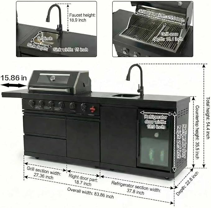 84 Inch Outdoor Kitchen Island, 6 Burner 75300 BTU Deluxe Stainless Steel Gas Grill Bar Island with Stainless steel Sink Wine Cooler Refrigerator, Granite Countertops, Rotisserie kit (Black)