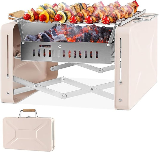HAPPYGRILL Portable Folding Charcoal Grill, Outdoor Mini BBQ Grill with 2 Stainless Steel Grill Nets, Charcoal Box & Insulated Rubber Wood Handle, Tabletop Charcoal Grill for Camping, Travel & Picnic