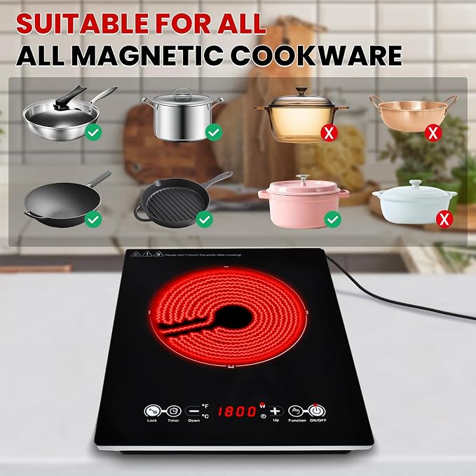 Electric Cooktop 110V, Single Burner Plug in Portable Induction Cooktop, Countertop Ceramic Stove Top with Power Levels and Overheat Protection, Child Safety Lock, Timer, 1800W