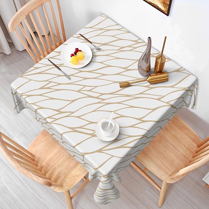 Brown and White Geometric Waterproof Square Tablecloth 60x60 Inch Abstract Irregular Stripes Square Tablecloths Dining Table Cloth Buffet Parties Patio Camping Chic Decor for Home Kitchen