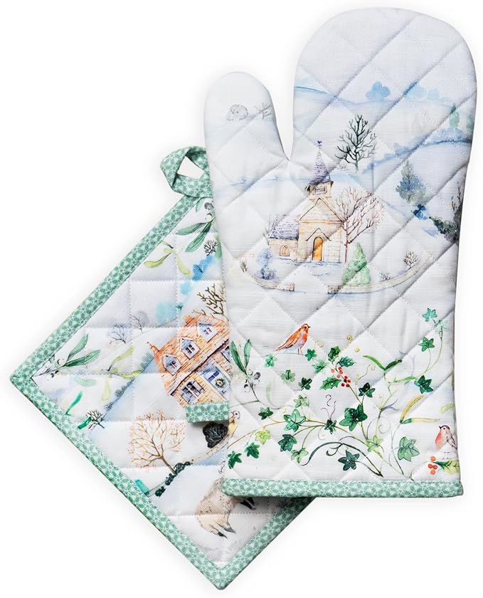 Maison d' Hermine 100% Cotton Oven Mitt & Pot Holder Set (7.5"x13" & 8"x8") | Heat Resistant BBQ Cooking Gloves with Loop Baking Grilling Kitchen Hotel Home Farmhouse Thanksgiving Christmas - Snowy World