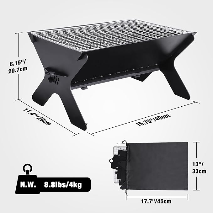 REDCAMP Portable Campfire Grill, Large Folding Stainless Steel Fire Pit with Grill & Carry Bag, Heavy Duty Charcoal BBQ Grill for Outdoor Cooking, Camping, Bonfire, Patio & Backyard