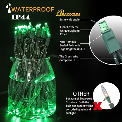 100 Counts Green LED Christmas Lights – 50ft 5mm Green Halloween Lights Outdoor Commercial Grade Waterproof, Indoor Christmas Tree Decorations, Green Wire Mini Green String Lights, UL, IP:65