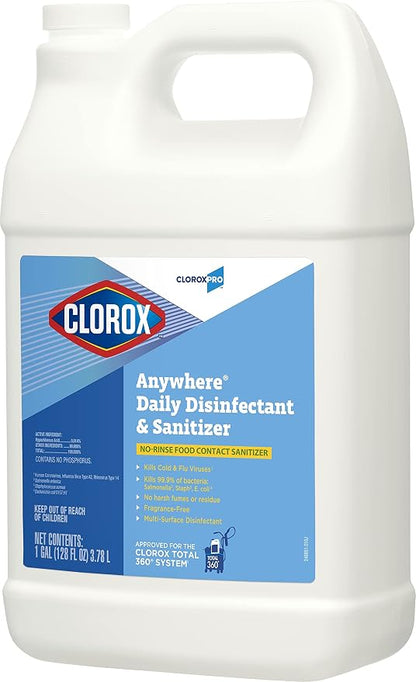 CloroxPro Anywhere Daily Disinfectant and Sanitizer, No-Rinse Food Contact Sanitizer, Refill, 128 Fluid Ounces