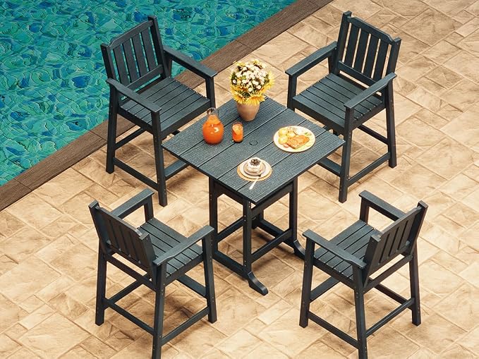 Garvee 5-Piece Outdoor Adirondack Bar Set, Patio Bar Table with 4 Bar Chairs, HDPE All-Weather Patio Bar Furniture Set with Umbrella Hole, for Balcony, Backyard, Poolside, Bistro