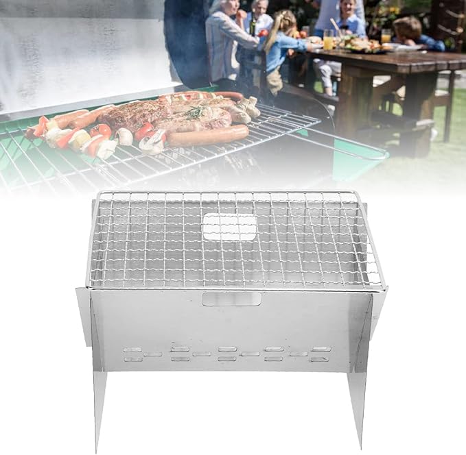 Stainless Steel Mini Grill Charcoal, Portable Charcoal Grill, Foldable Camping Barbecue Grill with Wind Inlet Design for Outdoor Cooking Camping Backyard Barbecue