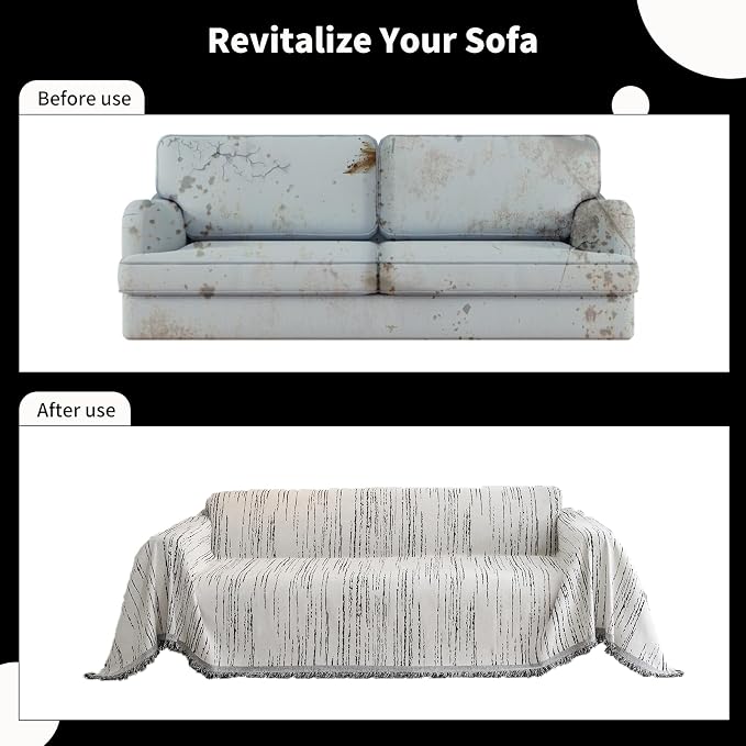 WEYOND Chenille Couch Cover Tassels, Sofa Cover Washable, 71" x 118", White | Pet Friendly Sofa Slipcover for Sectional Sofa, Loveseat, 2 or 3 Cushion Couch, Corner Sofa, Futon Cover