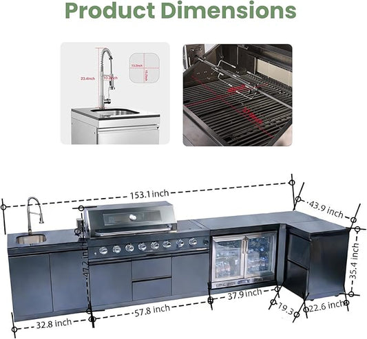 Outdoor Kitchen Island,Gas Grill with Standalone Side Burner Island, 96,000 BTU BBQ Grill with Infrared Burner, Refrigerator,Granite Countertop, Grill Cart & Storage Drawers (Black+153in)