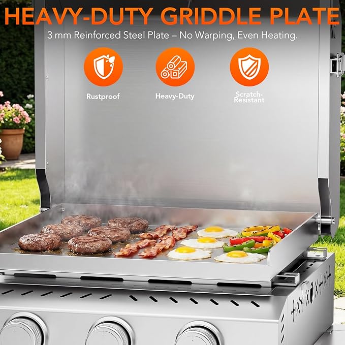 Heavy-Duty 3-Burner Propane Gas Griddle, Portable Griddle with Collapsible Stand, Full Stainless Steel Construction, 24,000 BTU Flat Top Gas Grill Griddle for Camping, Tailgating, Backyard & Patio