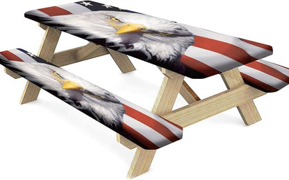 American Flag Picnic Fitted Tablecloth with Benches Covers, 4th of July USA Flag Elastic Edge Fitted Table Cover, 28x72 Inch, 3 Piece Set, for Summer Spring Picnics Dinner, Red Blue