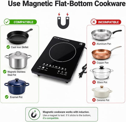 Portable Induction Cooktop, 110V Countertop Single Burner - 8 Power | 8 Power Settings, LCD Touch Control, 180-Min Timer, Preset Cooking, Compact Hot Plate for Kitchen, Dorm, RV