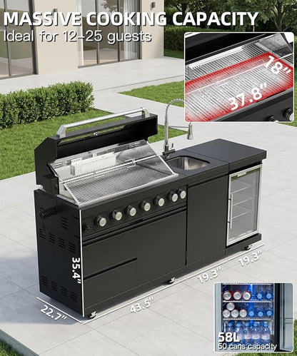 Outdoor Kitchen Island Barbecue Grill with Refrigerator & Rotisserie, Heavy-Duty Stainless Steel Freestanding Grills Station, Weather-Resistant Cooking Cabinet for Backyard & Summer Propane Gas