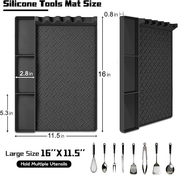 Silicone Griddle Tools Mat for Blackstone, Silicone Grill Mat with Drip Pad, Side Shelf Mats Grill Pad Spatula Mats for Outdoor Grill Kitchen Countertop, BBQ Accessories Gifts for Men (Black)
